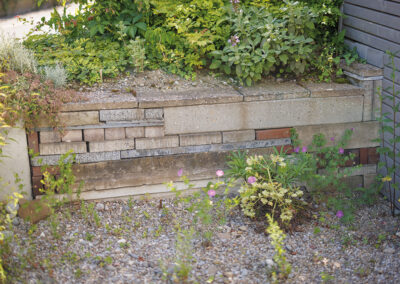 An den Gartenschopf schliesst eine vielfältige Trockenmauer aus Recyclingsteinen an.